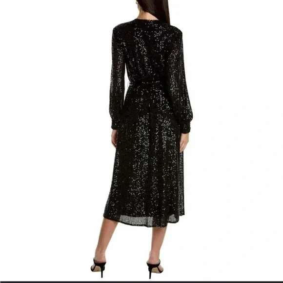 ▶️ Anne Klein ◀️ Black Sequin Surplice Midi Dress. Size 4
